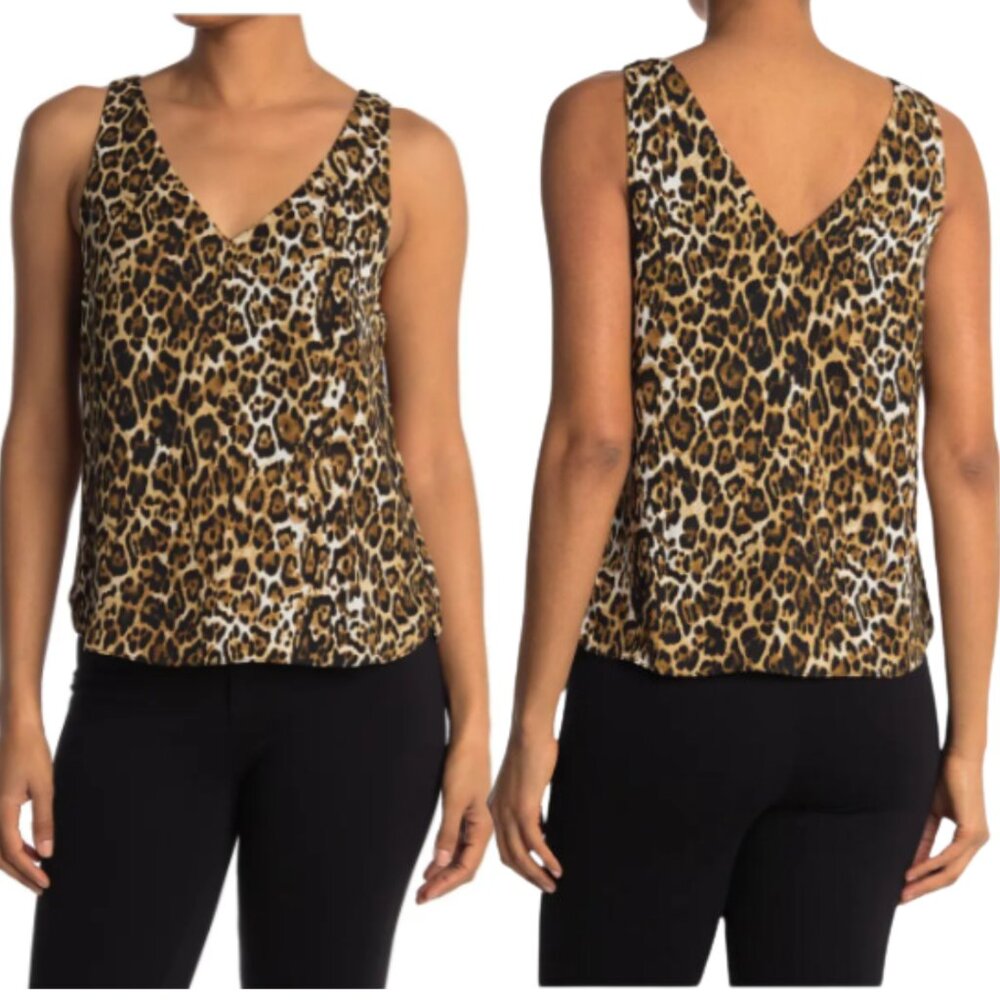 Women Leopard Print V-Neck (front & back) Sleeveless Lined Polyester Top, XS NWT